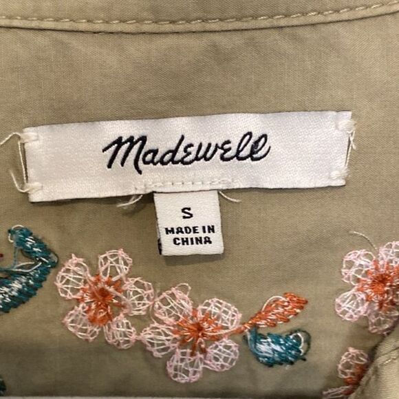 MADEWELL Embroidered Tie Front Safari Shirt Womens Small Floral Tan Camp Western - Picture 8 of 12